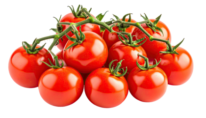 Close-up of a vibrant cluster of ripe, red tomatoes on a green vine against a black background
