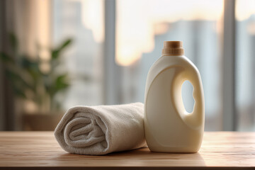 Laundry Room Essentials Rolled White Towel and Detergent Bottle on Wooden Surface in Sunlit