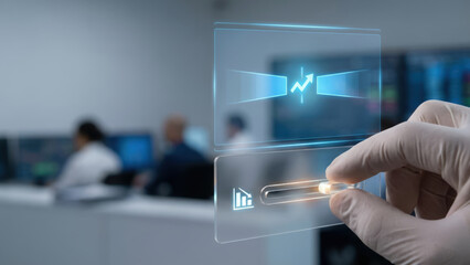 AI risk controls concept with hand in glove adjusting futuristic digital interface in office environment