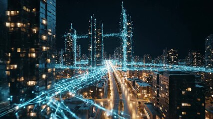 Abstract futuristic cityscape at night with glowing blue digital network overlay. - Powered by Adobe