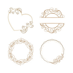 Ornamental frame set with heart and round borders. Elegant decorative elements in line art style.