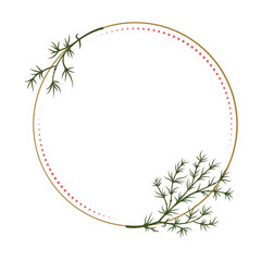 Seasonal round frame with evergreen branches. Winter botanical border.