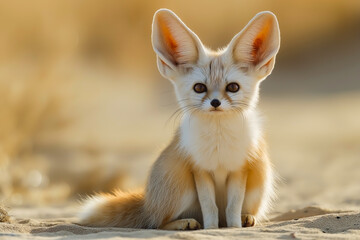 A close-up view of a fennec fox shows its iconic oversized ears and gentle expression, captured in warm desert tones.