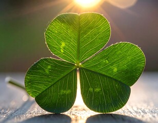 Close-up of a vibrant green shamrock bathed in sunlight, symbolizing luck and nature.