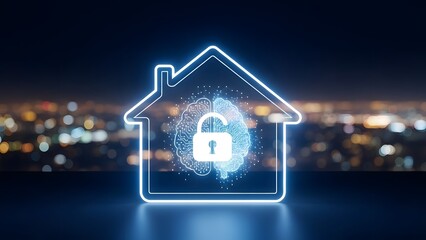A glowing blue house icon with a padlock and brain symbol represents home security and safety at night
