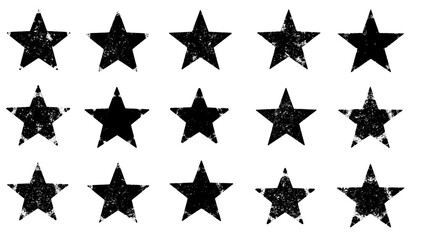 Collection of Grungy Black Stars on White Background.