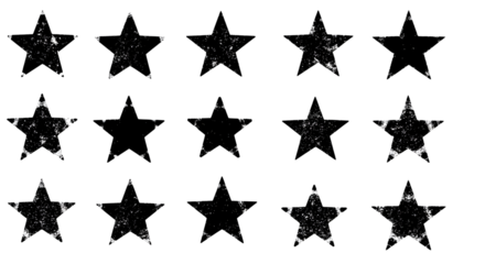 Collection of Grungy Black Stars on White Background.