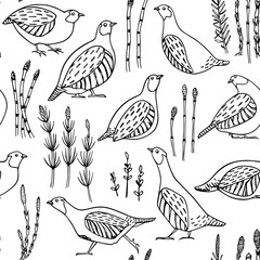 Vector seamless pattern with hand drawn cute Grey Partridges with floral elements. Beautiful design elements, ink drawing. Perfect for prints and patterns