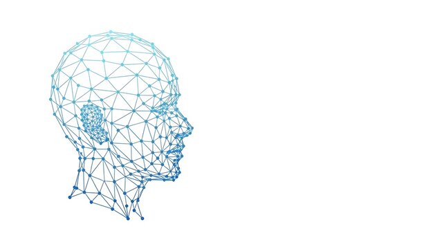 A futuristic digital illustration of a human head in a network of blue lines and nodes on a white background - Powered by Adobe