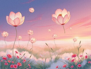 Flowers float in the sky at sunset during a dreamy scene of nature and beauty
