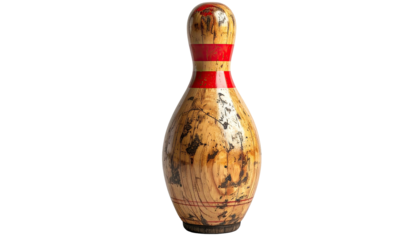 Close-up of a vintage wooden bowling pin with red stripes and distinctive grain patterns