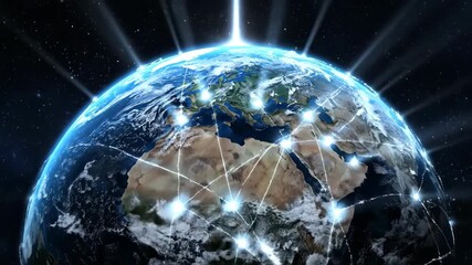 Digital representation of Earth with glowing network lines connecting continents against a starry space background. - Powered by Adobe