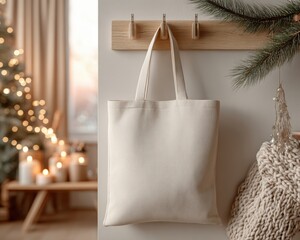 Blank beige canvas tote bag mockup hanging on a rustic wooden hook ready for holiday branding design personalization against a soft Christmas backdrop