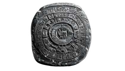 Close-up of a weathered, circular stone with carved concentric inscriptions