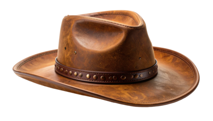 Close-up of a weathered brown leather hat, detailed texture and metal accents, isolated