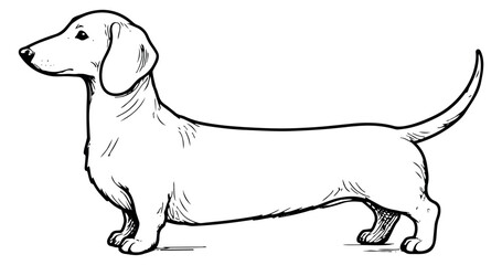 Hand drawn line art illustration of a dachshund dog depicting a standing pose for pet and animal themes