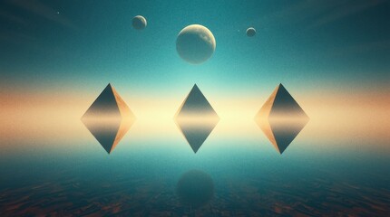 Three pyramids float on a reflective surface under distant planets in a surreal landscape at twilight