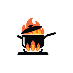 Cooking Pot on Fire with High Heat Flames Flat Vector Illustration