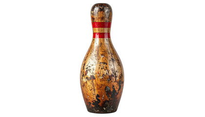 Close-up of a well-worn bowling pin with red stripes, against a pure black background
