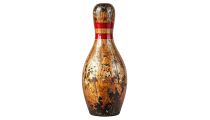 Close-up of a well-worn bowling pin with red stripes, against a pure black background