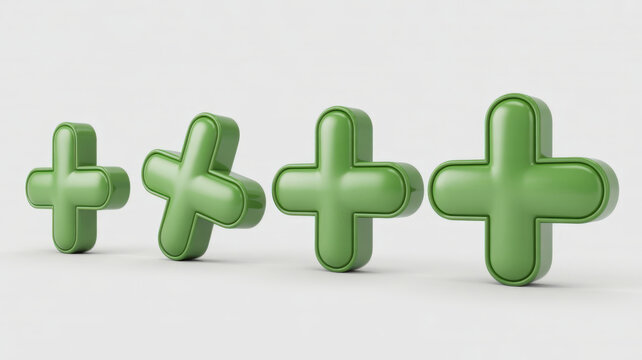 Four green plus signs in different orientations, representing addition, positive options, medical