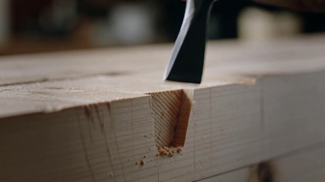 Crafting wood with a chisel at a workshop in the afternoon