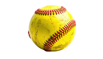 Close-up of a well-worn yellow sphere with red stitching against a black background