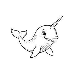A smiling narwhal swims in the ocean with its horn shining. © Anwar
