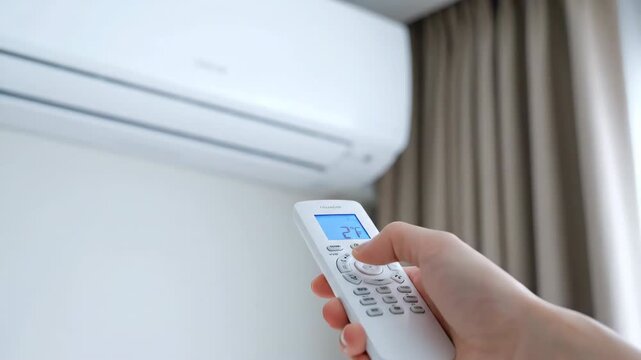 Close up of hand holding a remote to adjust a white air conditioner.