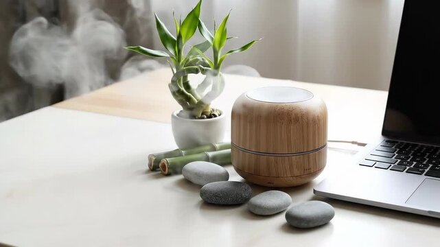 Wooden ultrasonic aroma diffuser emitting mist on a desk. Includes lucky bamboo, zen stones, and a laptop. Concept of home office wellness, aromatherapy, and relaxation at a workspace.
