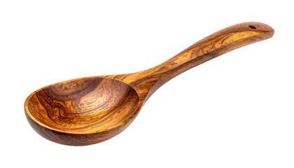 Close-up of a wooden spoon with a smooth, curved handle and deep bowl