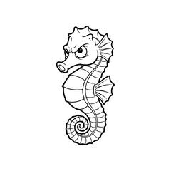 Fototapeta premium A detailed black and white illustration of a seahorse with curled tail and expressive face, viewed from the side.
