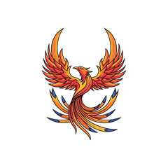 Fototapeta premium Vibrant phoenix bird spreads colorful wings in mid-air surrounded by flames and smoke outdoors.