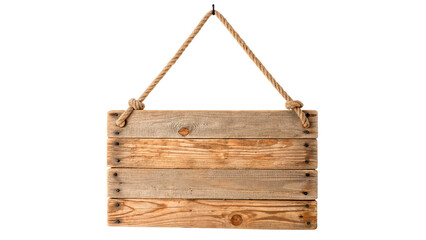 Wooden sign hanging from a rope with a simple design isolated on transparent background cut out © Hanna