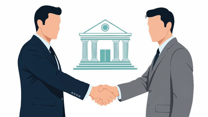 Two businessmen shaking hands in front of a bank building.