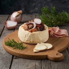 Hearty bread bowl filled with meat and onions, paired with rustic cheese, bacon slices, and fresh rosemary on wooden board.