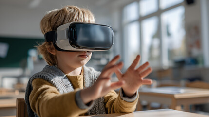 little boy child in VR virtual reality glasses looks, education and modern technologies, learning the future, AI technology, Caucasian race