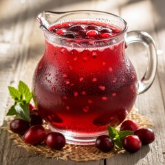 Iced cranberry juice in glass with berries and mint, surrounded by fresh ingredients and soft shadows in a sunlit setting.