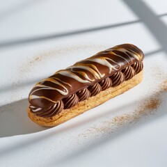 Single chocolate &eacute;clair with piped topping and shiny glaze, styled on a white surface with cocoa dust and soft shadows for a minimalist food composition.