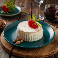 Gourmet cheese plate with soft cheese, fresh raspberries, herbs, and nutmeg, paired with wine in rustic dining setup.