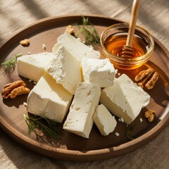 Appetizer plate with cheese, walnuts, and honey, styled with natural light and cozy food tones.