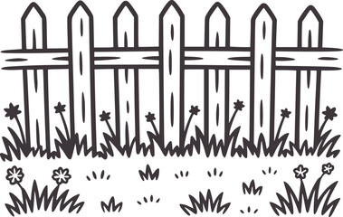 Obraz premium Black and simple of a wooden picket fence with grass and flowers