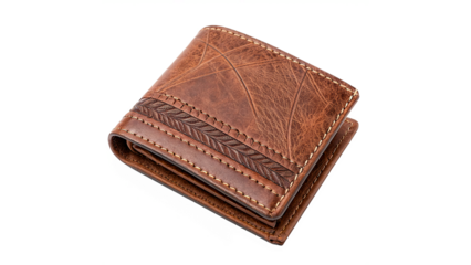 Brown leather wallet with simple design isolated on transparent background cut out