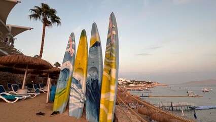 Surfboards are arranged on the beach next to a palm tree. The sun is setting, creating a colorful sky above the ocean. Boats are visible in the distance along the shore