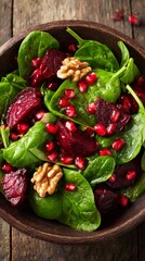 Vibrant salad of roasted beetroot, fresh spinach leaves, pomegranate seeds, and toasted walnuts in a rustic ceramic bowl, showcasing rich colors and textures of healthy ingredients