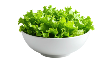 Close-up of crisp green lettuce filling a bright white bowl against a black backdrop