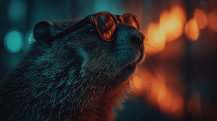 Rat wearing stylish glasses against neon bokeh background, creative animal portrait with cinematic dramatic lighting
