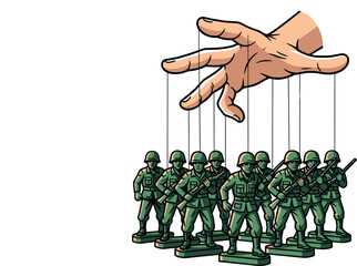 An illustration of a hand directing green toy soldiers as string puppets, isolated on white background