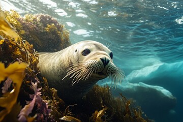 Harbor Seal Nestled in Foliage in Underwater Sunlight