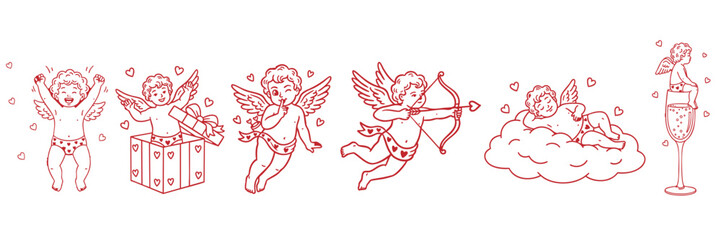 Valentine cherub cupid line drawing doodle set with hearts, gift, champagne